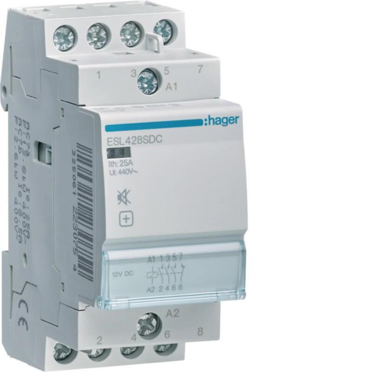 Kontaktori Hager Hurinaton - KONTAKTOR BRUMFRI HAGER ESL428SDC 3S+1Ö 25A 12VDC