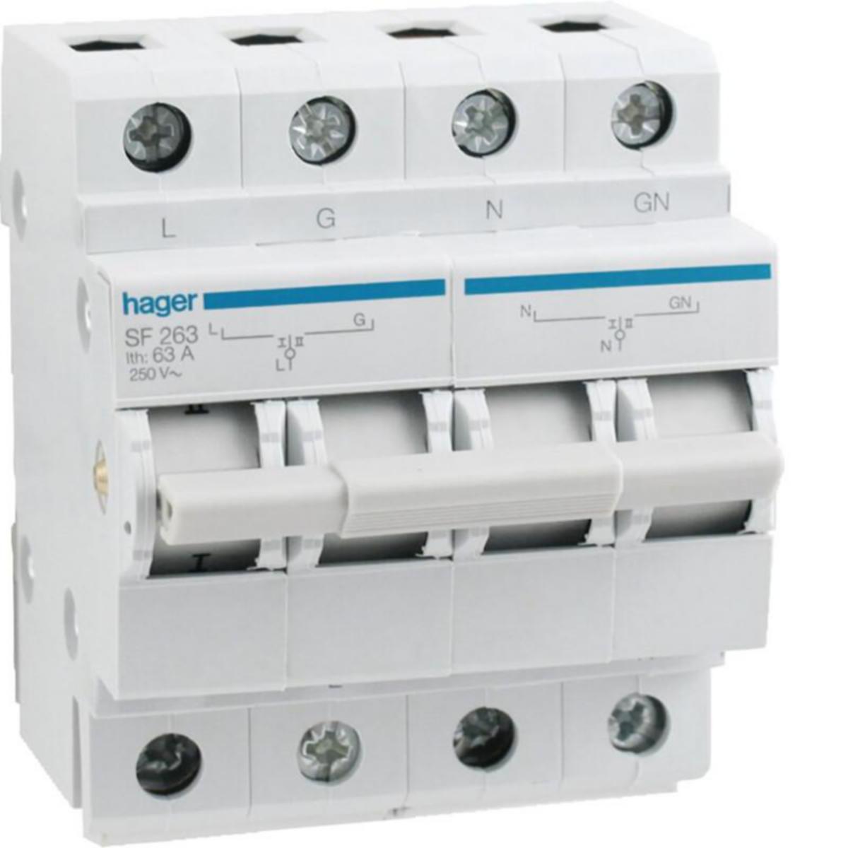 Lägesbrytare Hager SF263 - VÄXLINGSOMKOPLARE SF263 1-0-2 2P 63A DIN