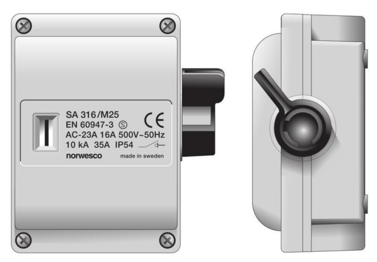 Säkerhetsbrytare vippa Norwesco 16A/M25 - SÄKERHETSBRYTARE NORWESCO SA316/M25 3x16A 7.5kW IP54