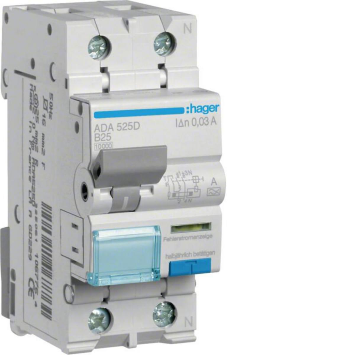Personskyddsautomat, Hager - PERSONSKYDDAUTOMAT ADA525D 30MA A/2X25A B-K. 10KA