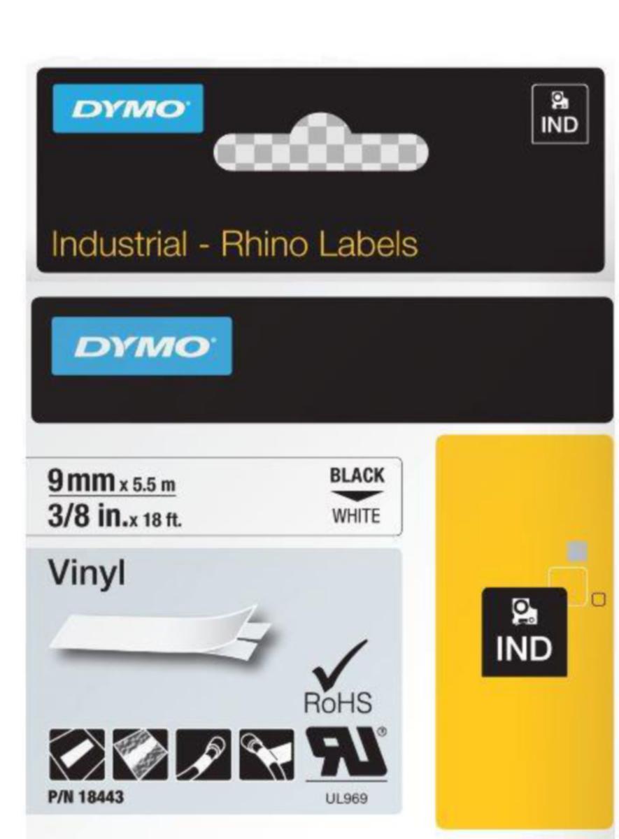 Märketiketter Dymo Rhino vinyl - MARKERINGSTEJP RHINO DYMO 9mm VINYL SVART TXT I VIT