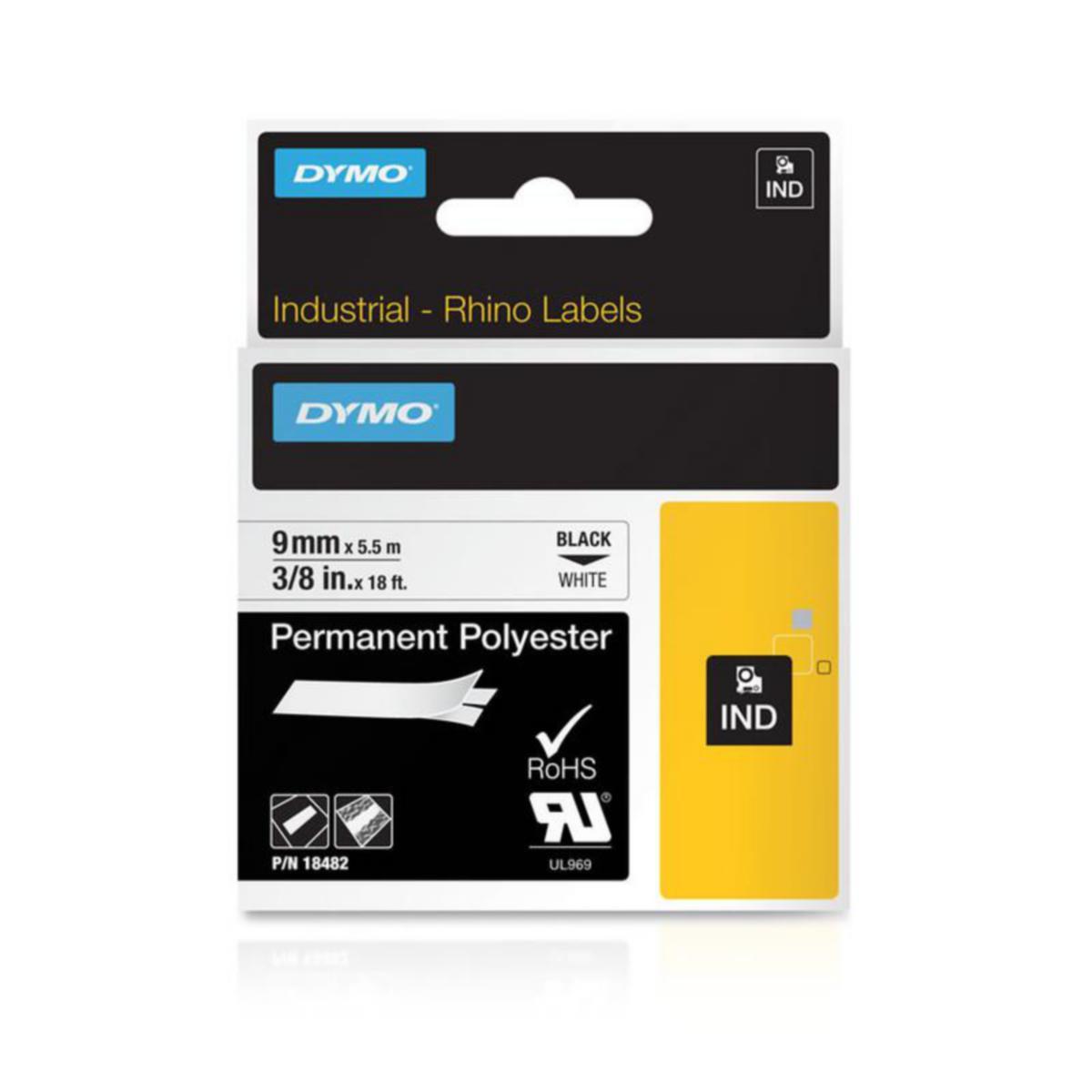 Märketiketter Dymo Rhino polyester - MARKERINGSTEJP RHINO DYMO 9mm POLYE SVART TXT I VIT