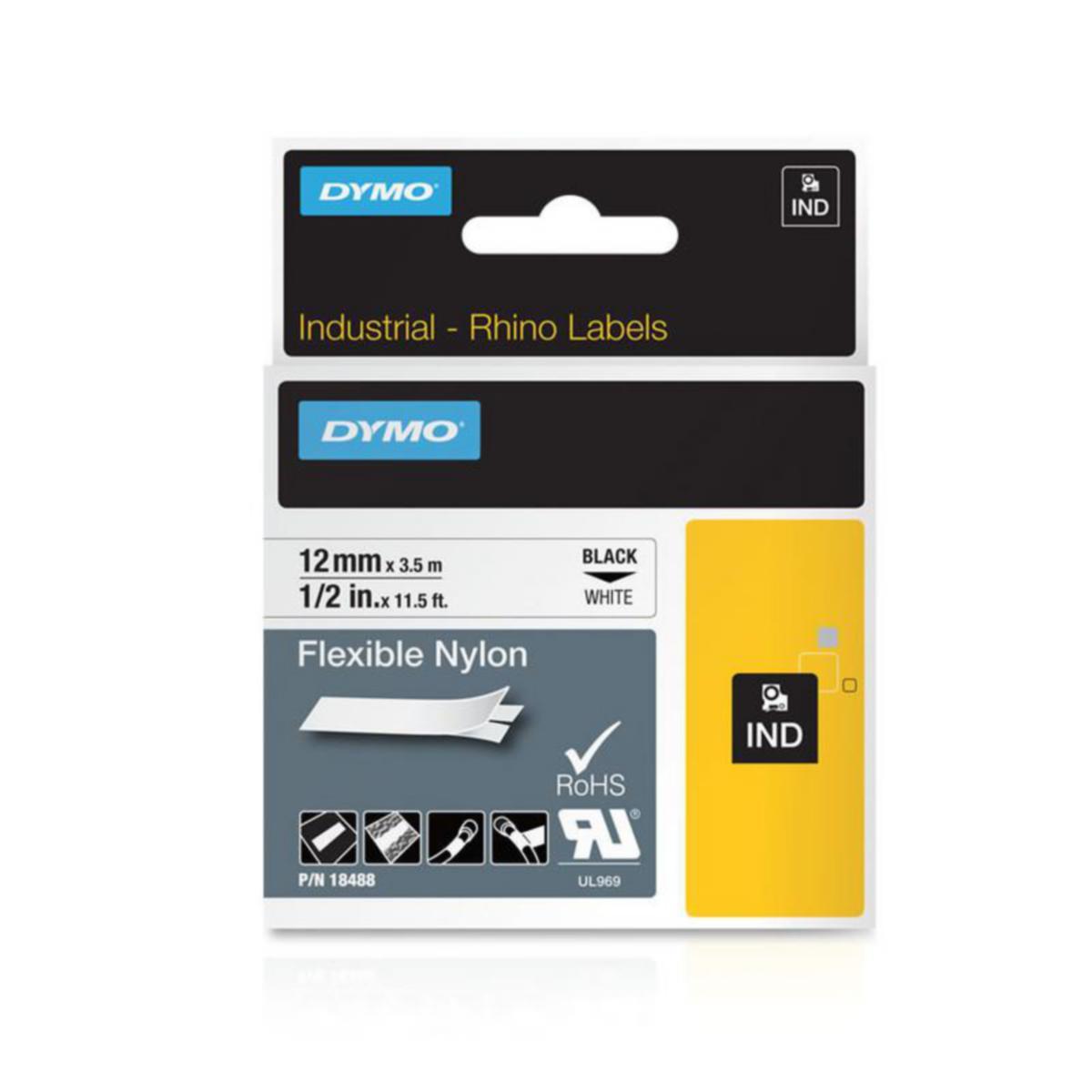 Märketiketter Dymo Rhino nylon - MARKERINGSTEJP RHINO DYMO 12mm NYLON SVART TXT I VIT