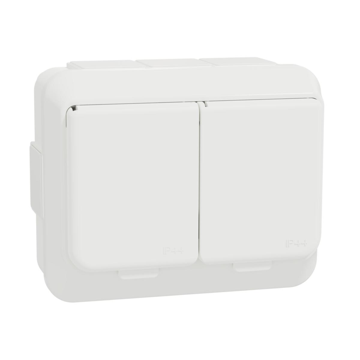 Vägguttag 2-vägsuttag utanpåliggande med klafflock IP44 - EXXACT UTTAG 2S/16A/IP44 PP 2X VIT