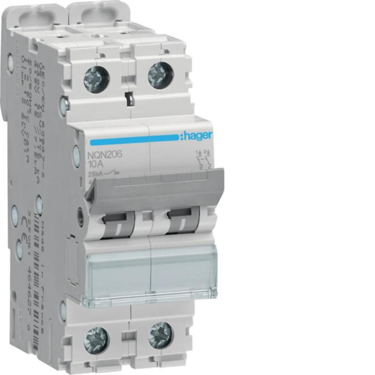 Minibrytare Hager B-karakteristik 2-pol 15-25kA - AUTOMATSÄKRING NQN206 2X6A KURV B 25KA