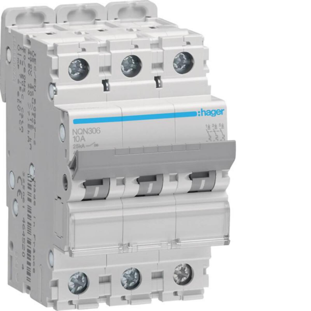 Minibrytare Hager B-karakteristik 3-pol 15-25kA - AUTOMATSÄKRING NQN306 3X6A KURV B 25KA